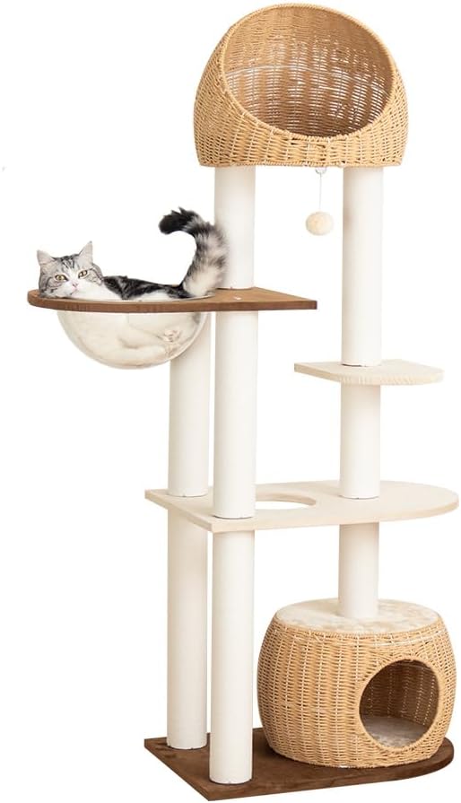 Wood Cat Tree for Large Cats, Modern Indoor Cat Tower with Basket Beds, Cat Condo & Clear Hammock, Multi-Level Wooden Cat Furniture for Home Living Room Decor (Particle Wood)
