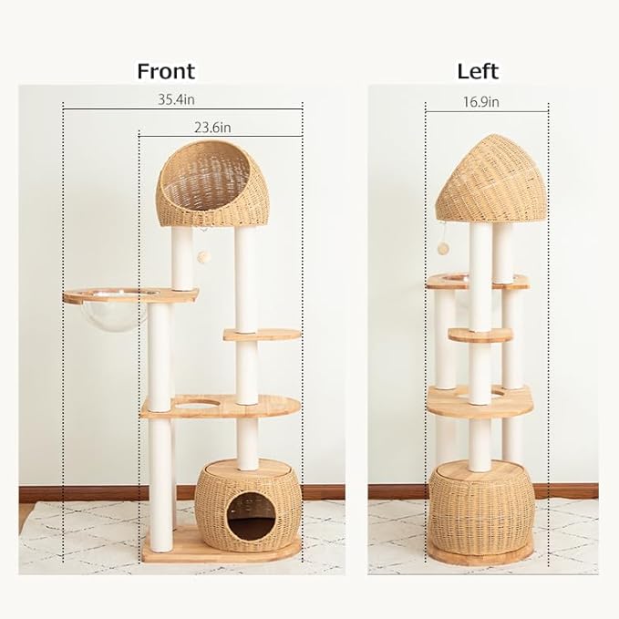 Wood Cat Tree for Large Cats, Modern Indoor Cat Tower with Basket Beds, Cat Condo & Clear Hammock, Multi-Level Wooden Cat Furniture for Home Living Room Decor (Rubber Wood)