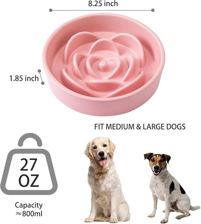 8.25'' Ceramic Slow Feeder Dog Bowls - Petal Shape Modern Dog Food Dish for Medium and Large Breeds, Puzzle Maze Bowl to Slow Down Eating, Anti-Gulping, Dishwasher & Microwave Safe, Pink