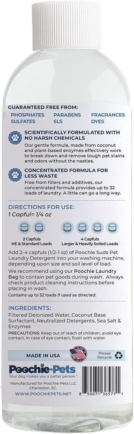 Poochie Suds Pet Laundry Detergent, Enzyme Cleaner and Odor Remover, Hypoallergenic and Fragrance-Free Pet Safe Detergent for Dog and Cat Bedding, Blankets, Toys and Gear, Made in USA, 16 fl oz