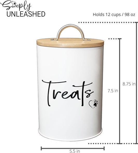 White Dog and Cat Treat Container with Easy to Open Bamboo Lid, 98 oz/12 cups