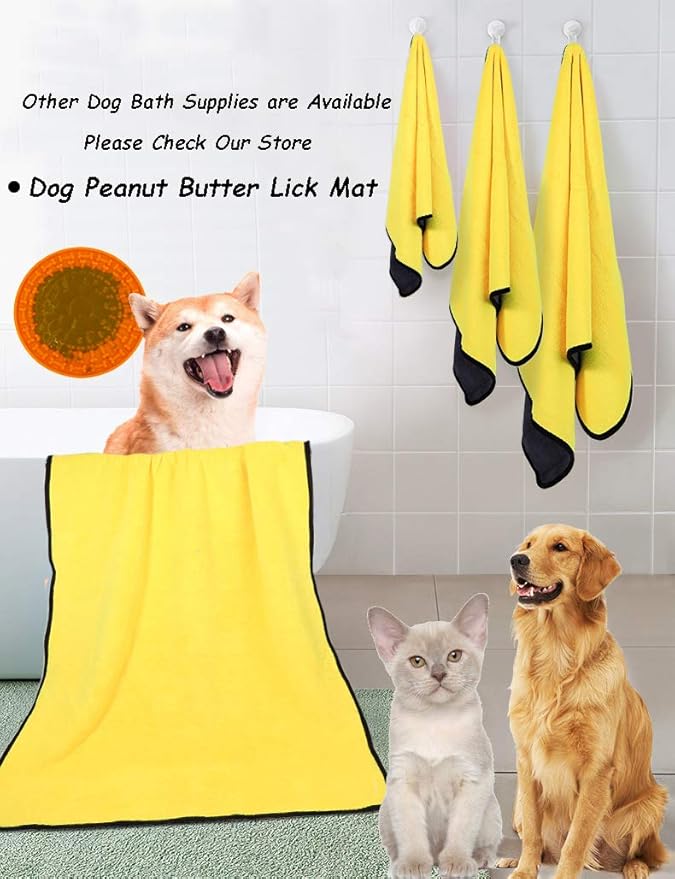 Dog Bath Towel - Super Absorbent Microfiber Dog Towel for Small Medium Large Dogs and Cat, Yellow & Grey 19.7" x 39.4"