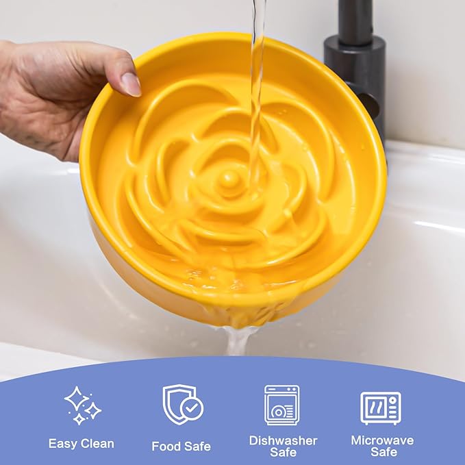 8.25'' Ceramic Slow Feeder Dog Bowls - Petal Shape Modern Dog Food Dish for Medium and Large Breeds, Puzzle Maze Bowl to Slow Down Eating, Anti-Gulping, Dishwasher & Microwave Safe, Yellow