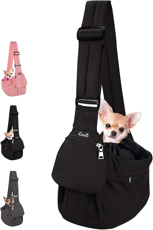 Lukovee Dog Sling Carrier, Hard Bottom Support & Adjustable Soft Padded Shoudler Strap Dog Slings for Small Dogs, Dog Purse with Drawstring Mesh Opening & Zipper Pockets for Puppy Cat Pet (Black)
