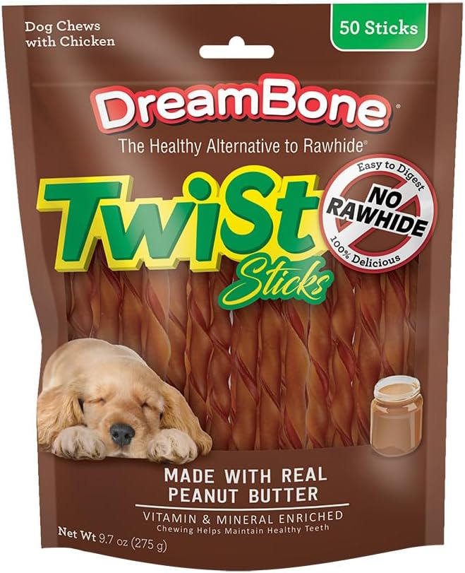 DreamBone Twist Sticks Chews for Dogs, 50 Count, Treat Your Dog to Easy-to-Digest Rawhide-Free Chews Made with Real Peanut Butter and Chicken