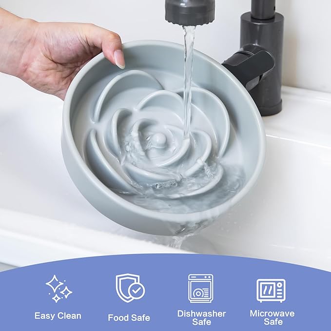 8.25'' Ceramic Slow Feeder Dog Bowls - Petal Shape Modern Dog Food Dish for Medium and Large Breeds, Puzzle Maze Bowl to Slow Down Eating, Anti-Gulping, Dishwasher & Microwave Safe, Grey