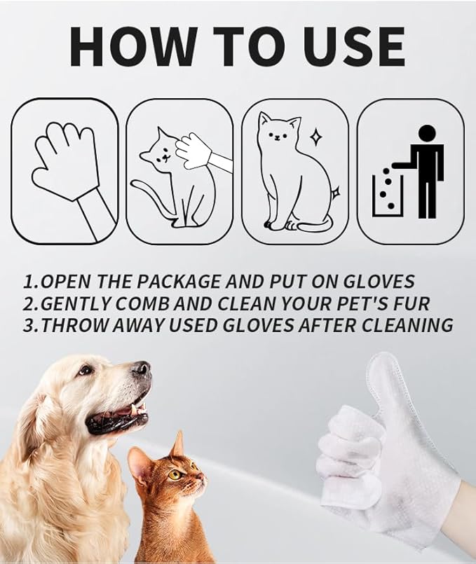Pet Glove Wipe, Cleaning Glove for Dog and Cat, Fur Face, Ear, Eye, Paws Cleaning Wipes, Pet Wash Free Gloves, Cleaning Grooming Wipes for Daily Care and Traveling, No Rinse, Gentle, Thickened, 6PCS