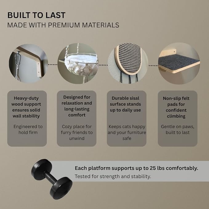 Modern Cat Wall Furniture Set – 5-Piece Hanging Shelves with Macramé Bed, Scratcher & Climbing Steps – Boho Wooden Cat Wall for Indoor Cats