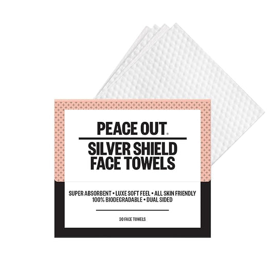 PEACE OUT Silver Shield Face Towels, For Blemish Prone Skin, Disposable Daily Use Skincare, Super Absorbent, Lux Soft Feel, All Skin Friendly, Duel Sided, 30 count