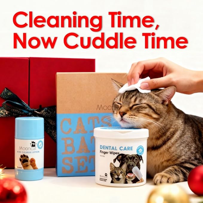 Mooncat Set – Waterless Shampoo, Paw Balm & Dental Wipes – Holiday Grooming Kit & Stocking Stuffers for Cat Lovers, Limited Edition
