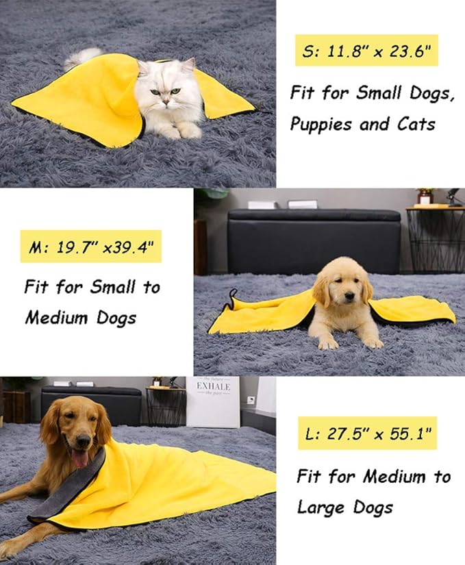Dog Bath Towel - Super Absorbent Microfiber Dog Towel for Small Dogs and Cats, Yellow & Grey 11.8" x 23.6"