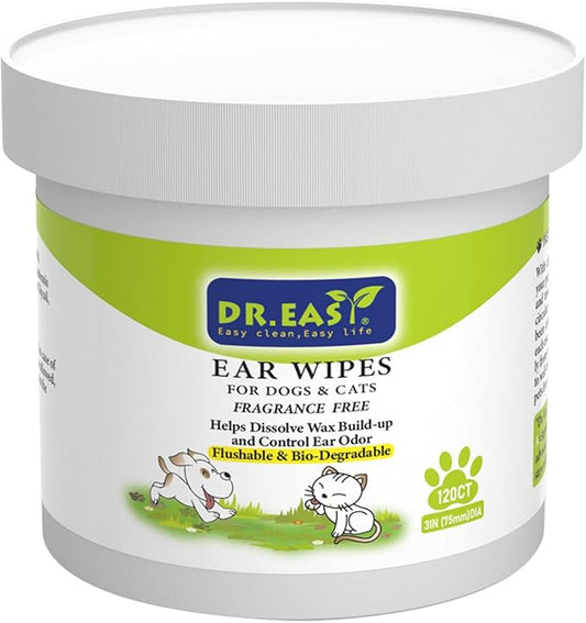 Dr.Easy Pet Ear Grooming Wipes 120ct for Dogs &Cats Fragrance Free,Helps Dissolve Wax Build-Up and Control Ear Odor,flushable & Compostable,Stop Ear Itching Natural Cleansing (120ct)