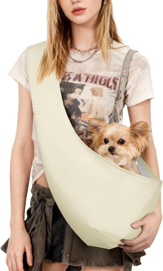 YUDODO Fashion Dog Sling Carrier for Small Dogs Lightweight Crossbody Pet Bag with Safety Strap, Pocket Storage, Machine Washable, Comfortable Travel & Outdoor Sling up to 9 lbs White