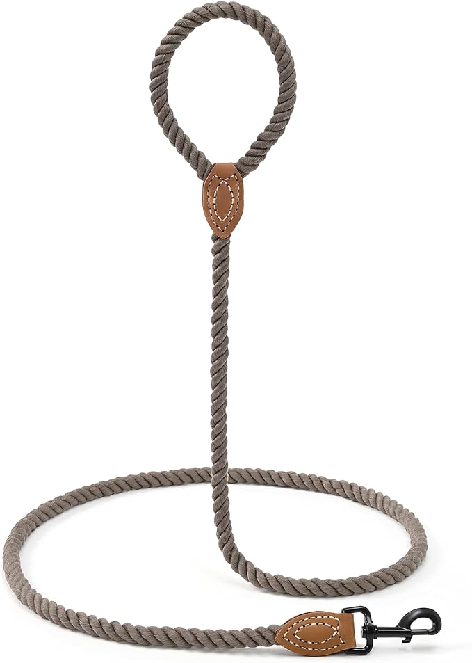 Mile High Life Dog Leash, Braided Cotton Rope Leashes with Leather Tailor Tip with Leather Tip - Heavy Duty Metal Clasp, 4FT, 1/2" Thick - Wedding, Walking Leash for Medium Large Dogs(Camel)