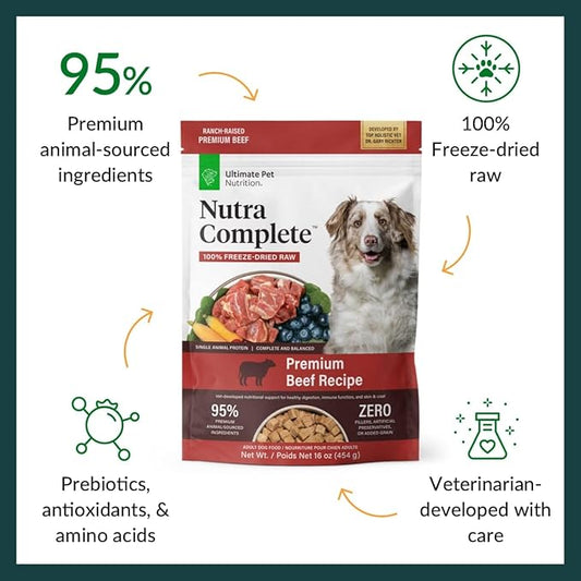 ULTIMATE PET NUTRITION Nutra Complete, 100% Freeze Dried Raw Veterinarian Formulated Dog Food with Antioxidants Prebiotics and Amino Acids (1 Pound, Beef)