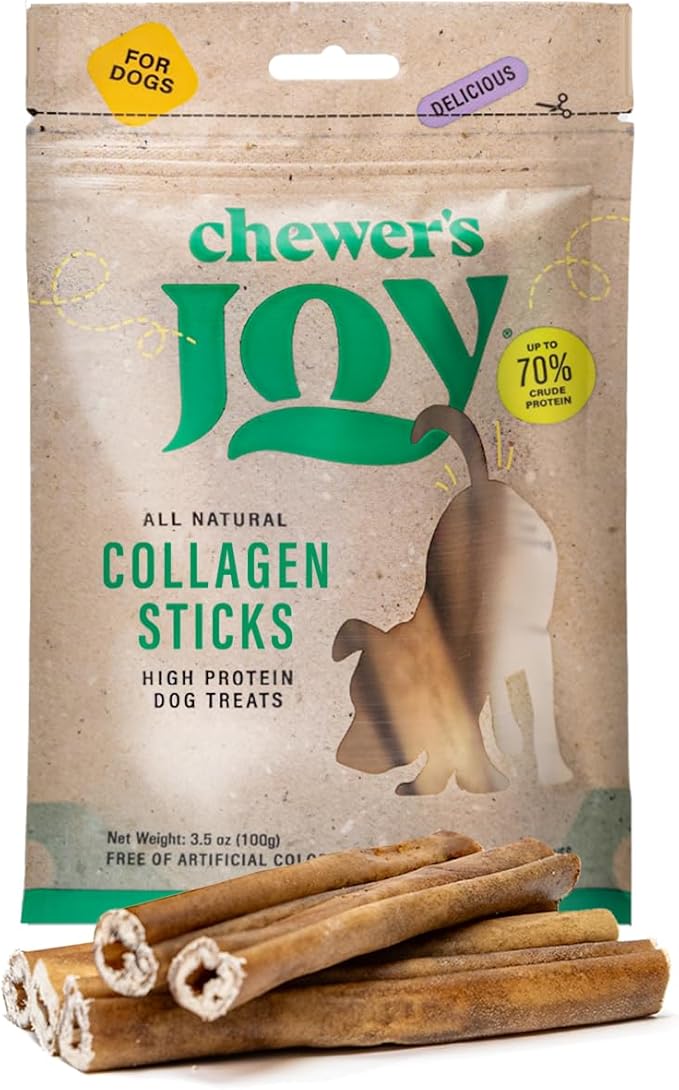 Chewer's Joy Collagen Sticks 5-6" (5 Count) - Natural Dog Treats - Single Ingredient Long-Lasting Chews, High Protein