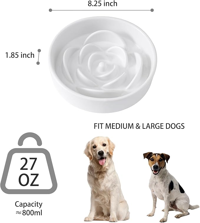 8.25'' Ceramic Slow Feeder Dog Bowls - Petal Shape Modern Dog Food Dish for Medium and Large Breeds, Puzzle Maze Bowl to Slow Down Eating, Anti-Gulping, Dishwasher & Microwave Safe, White