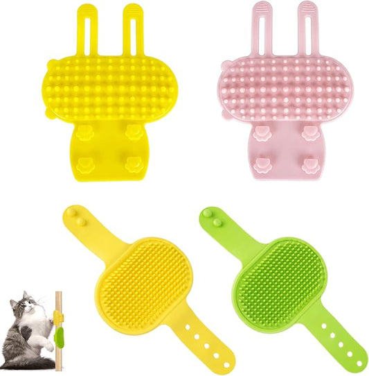 4PCS Cat Self Groomer Silicone, Cat Corner Chin Scratcher, Rubber Face Grooming Brush for Indoor Cats, Self Groomer Wall Brush for Sofa Table Legs Scratching Post Use Pet Supplies, Green Yellow Pink