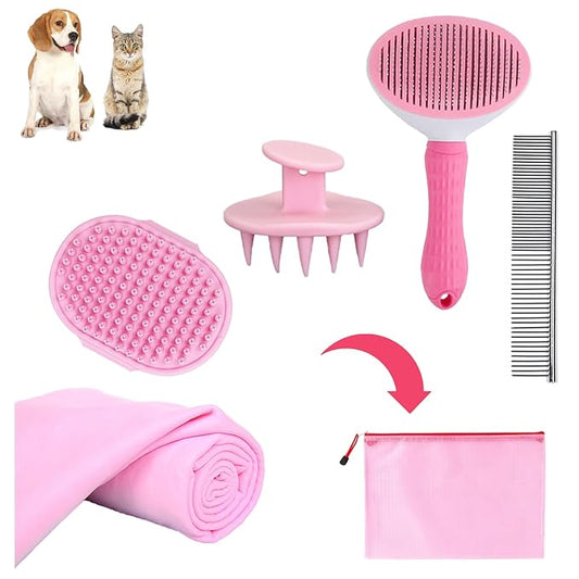 Dog Bath Brush Washing Kit - 5pcs Dog Grooming Washing Brush & Drying, Adjustable Handle Scrubber Massager Bathing Brush for Long & Short Haired Dogs, Scalp Scrubber Hair Bath Brush Set Pink