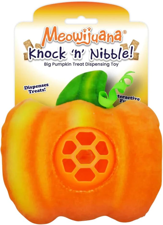 Meowijuana Knock N' Nibble Pumpkin | Refillable Treat Dispensing Cat Toy | Promotes Play and Cat Health | Interactive Puzzle Toy for Felines