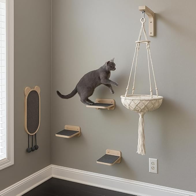 Modern Cat Wall Furniture Set – 5-Piece Hanging Shelves with Macramé Bed, Scratcher & Climbing Steps – Boho Wooden Cat Wall for Indoor Cats