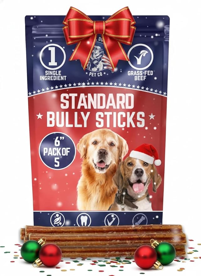 Devil Dog Pet Co. Bully Sticks – 6 Inch, 5 Pack, Standard Sized Dog Chews, 100% Natural, Single Ingredient, Free-Range Grass-Fed Beef – Long Lasting, Rawhide-Free Treats for Dogs