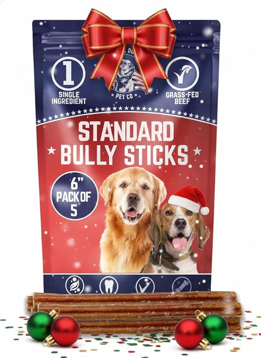 Devil Dog Pet Co. Bully Sticks – 6 Inch, 5 Pack, Standard Sized Dog Chews, 100% Natural, Single Ingredient, Free-Range Grass-Fed Beef – Long Lasting, Rawhide-Free Treats for Dogs