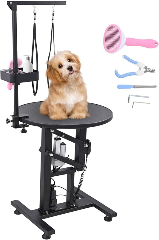 Electric Hydraulic Lift Pet Dog Grooming Table, 24Inch 360° Rotating Grooming Desktop for Small Dogs, with Overhead Arm, Wireless Remote, Tool Organizer, Black