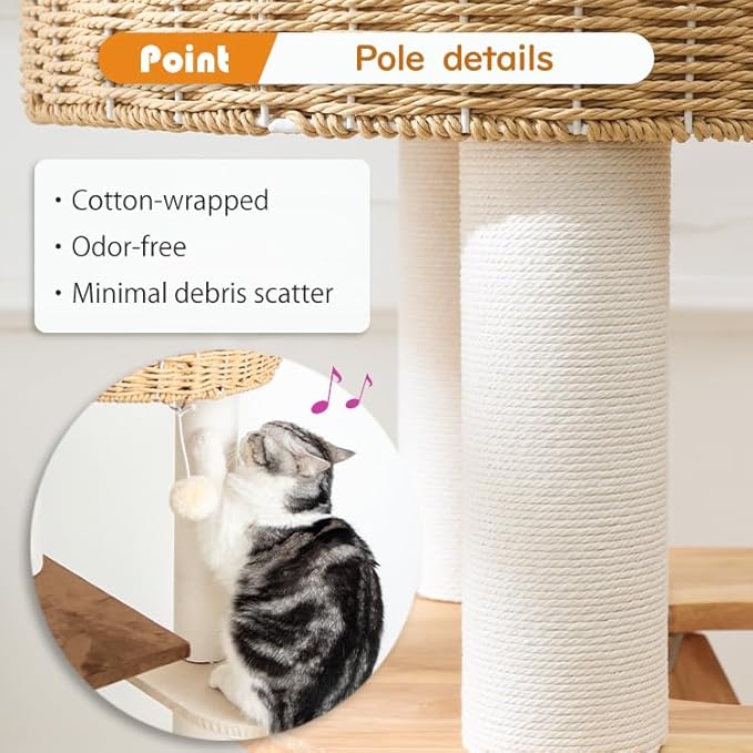 Wood Cat Tree for Large Cats, Modern Indoor Cat Tower with Basket Beds, Cat Condo & Clear Hammock, Multi-Level Wooden Cat Furniture for Home Living Room Decor (Rubber Wood)