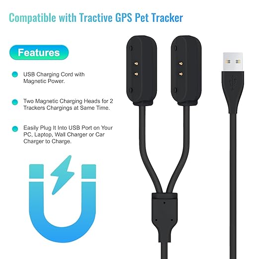 2 in 1 Portable Magnetic Charger Cable for Tractive GPS Tracker - Fast Charging USB Cord Compatible with Tractive Dog Pet GPS Trackers, Durable & Compact Design for Home/Outdoor Use (Black)