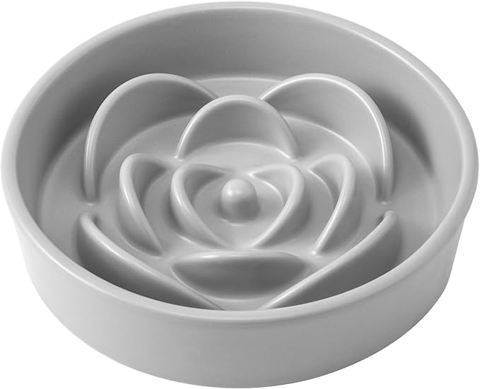 8.25'' Ceramic Slow Feeder Dog Bowls - Petal Shape Modern Dog Food Dish for Medium and Large Breeds, Puzzle Maze Bowl to Slow Down Eating, Anti-Gulping, Dishwasher & Microwave Safe, Grey