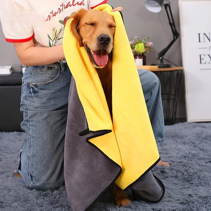 Dog Towel for Large Dogs Super Absorbent Microfiber Dog Bath Towel for Drying Small Medium Large Dogs and Cats, Yellow & Grey L