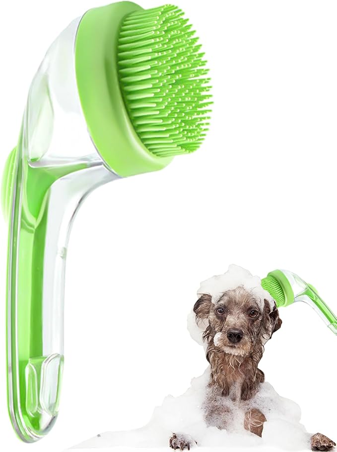 Pet Bath Brush,Dog Shampoo Brush Bubble Maker,New 2 in 1 Dog Bath Brush with Built-in Shampoo Dispenser,Bathing Dog Grooming Massage Brush for Showering Long and Short Haired Dogs and Cats(green)