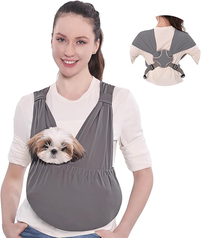 Supet Dog Sling Carrier for Small Pets, Hands Free Front Cat Sling, Reducing Back Neck Pain Anti-Anxiety, Adjustable Soft Carrying (Grey, Plus)