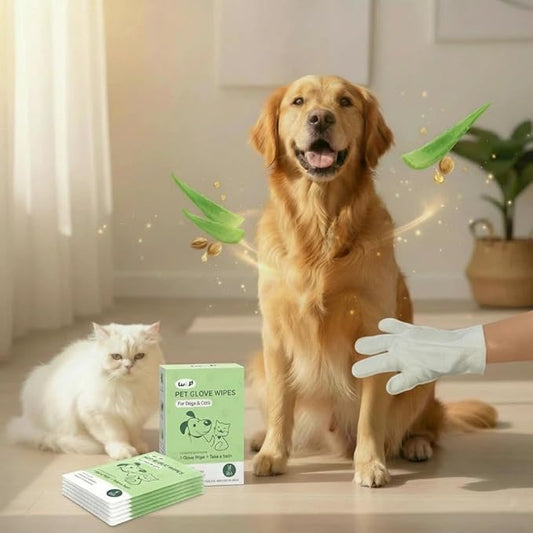 WLP Pet Glove Wipes for Dogs & Cats, Individually Wrapped Cleaning Deodorizing Hypoallergenic Hydrating Grooming Wipes, Enriched with Aloe & Jojoba Oil for Daily Care, Traveling (24 PCS)