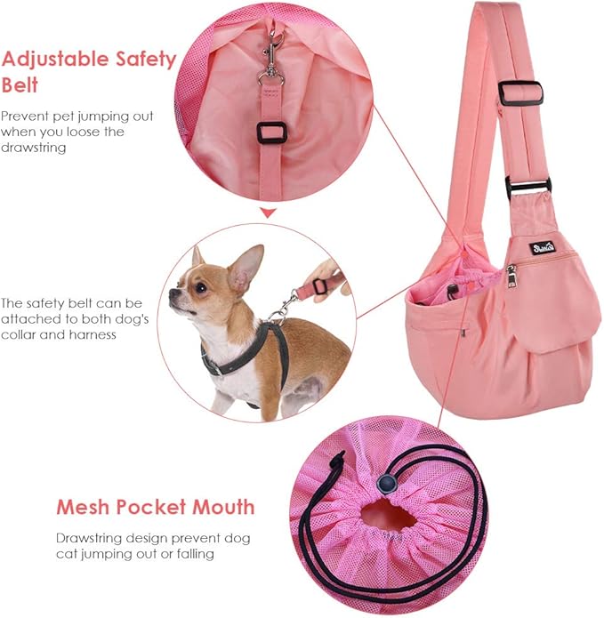 Lukovee Dog Sling Carrier, Hard Bottom Support & Adjustable Soft Padded Shoudler Strap Dog Slings for Small Dogs, Dog Purse with Drawstring Mesh Opening & Zipper Pockets for Puppy Cat Pet (Pink)