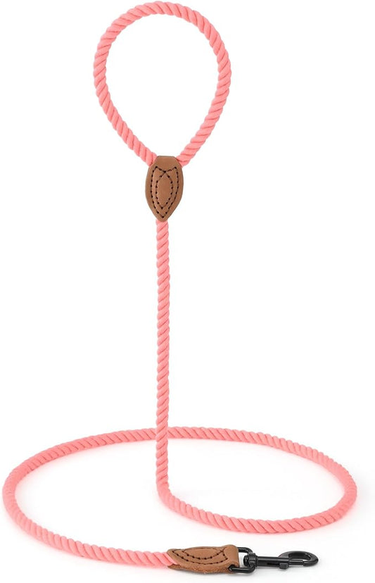 Mile High Life Dog Leash, Braided Cotton Rope Leashes with Leather Tailor Tip with Leather Tip - Heavy Duty Metal Clasp, 6FT, 1/2" Thick - Wedding, Walking Leash for Medium Large Dogs(Pink)