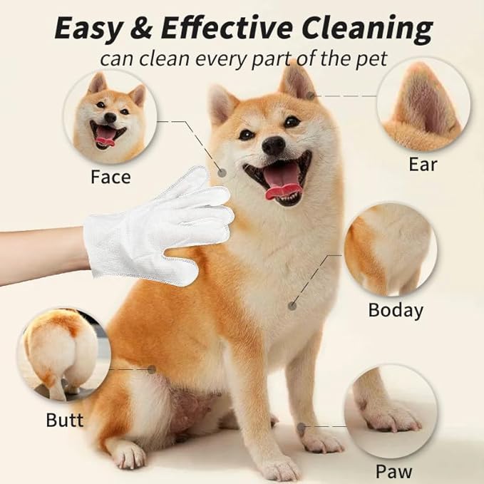 Pet Glove Wipe, Cleaning Glove for Dog and Cat, Fur Face, Ear, Eye, Paws Cleaning Wipes, Pet Wash Free Gloves, Cleaning Grooming Wipes for Daily Care and Traveling, No Rinse, Gentle, Thickened, 6PCS