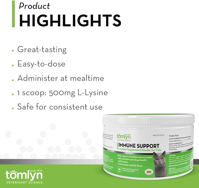 Tomlyn Immune Support Daily L-Lysine Supplement, Fish-Flavored Lysine Powder for Cats and Kittens, 4 Pack