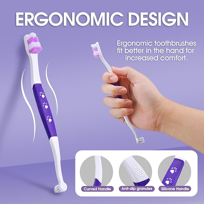 Dog Toothbrush – Newly Upgraded Dual-Head Design with 60° Wavy Bristles–Gently Surrounds Teeth for Deep Cleaning and Plaque Removal – Non-Slip Handle, Ideal for Daily Pet Dental Care (Purple, 2-Pack)