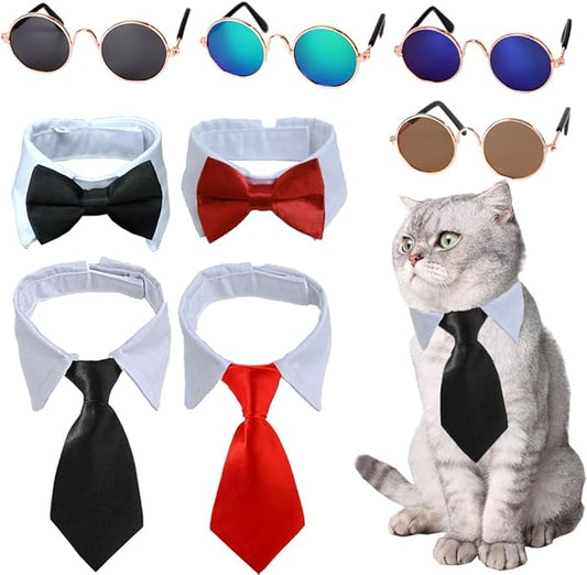 8 Pieces Pets Dog Cat Bowtie Pet Sunglasses Pet Costume Adjustable Formal Necktie Collar for Cats Small Dogs Puppy Grooming Accessories (Black/red + Glasses)