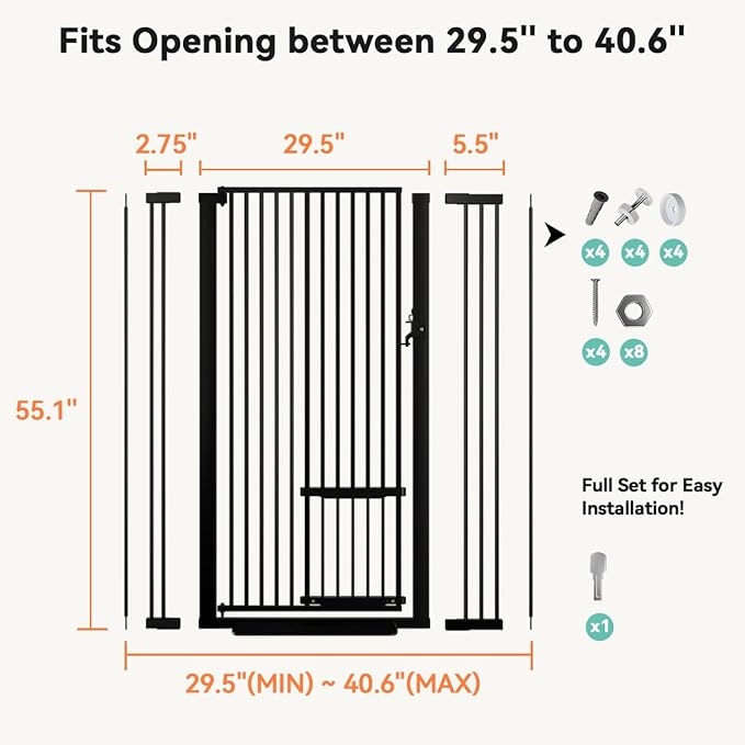 COMOMY 55.1" Extra Tall Pet Gate for Cats, 29.5-40.6" Extra Wide Cat Gate with Adjustable Cat Door, Pressure Mounted Easy Walk Through Pet Gate with Door for Stairs, Doorways, Kitchen(Black)