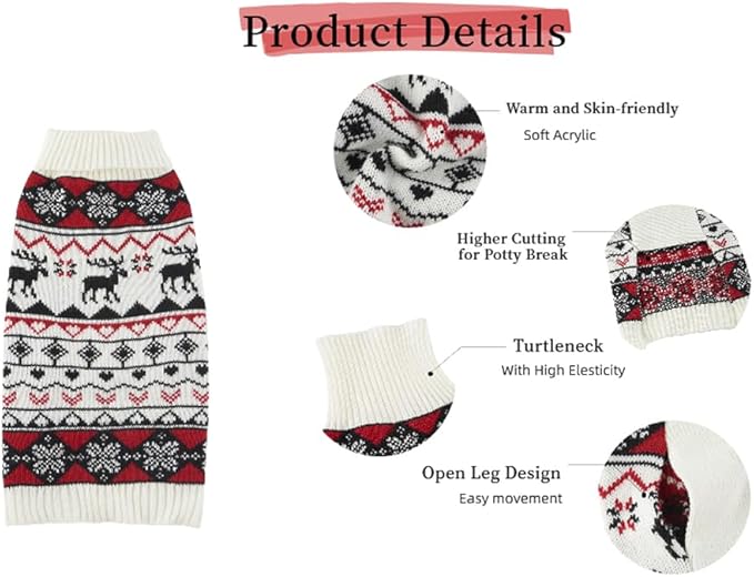 Lanyarco White Red Ugly Vintage Knit Reindeer Holiday Festive Christmas Clothes Sweater for Dogs Medium M Size Back Length 13"