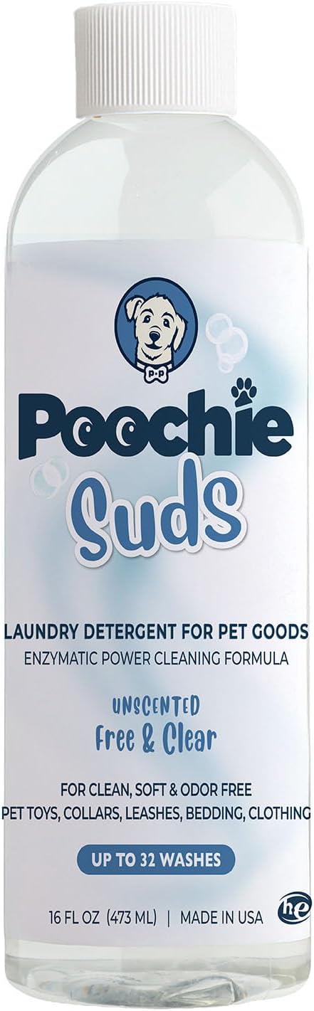 Poochie Suds Pet Laundry Detergent, Enzyme Cleaner and Odor Remover, Hypoallergenic and Fragrance-Free Pet Safe Detergent for Dog and Cat Bedding, Blankets, Toys and Gear, Made in USA, 16 fl oz