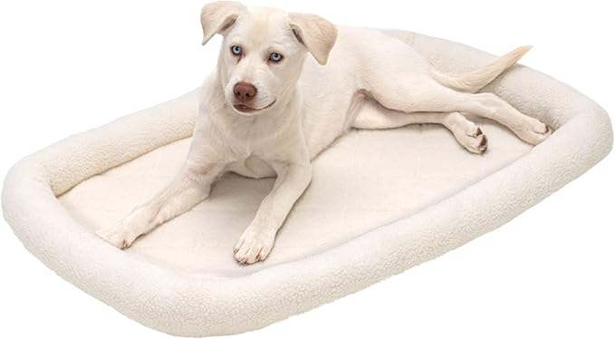 Furhaven Dog Bed for Large/Medium Dogs, 100% Washable, Sized to Fit Crates - Sherpa Fleece Bolster Crate Pad - Cream, Large