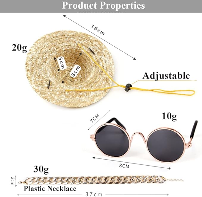 6 Pieces Pets Dog Cat Bowtie Pet Sunglasses and Summer Pet Straw Hat with Faux Gold Chain Pet Costume Adjustable Formal Necktie Collar for Cats Small Dogs Puppy Grooming Accessories