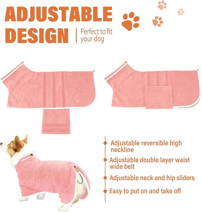 Dog Robe - Fast Drying Towel - Microfiber Super Absorbent Pet Bathrobe, Adjustable Collar & Belly Strap (Pink, XX-Large)
