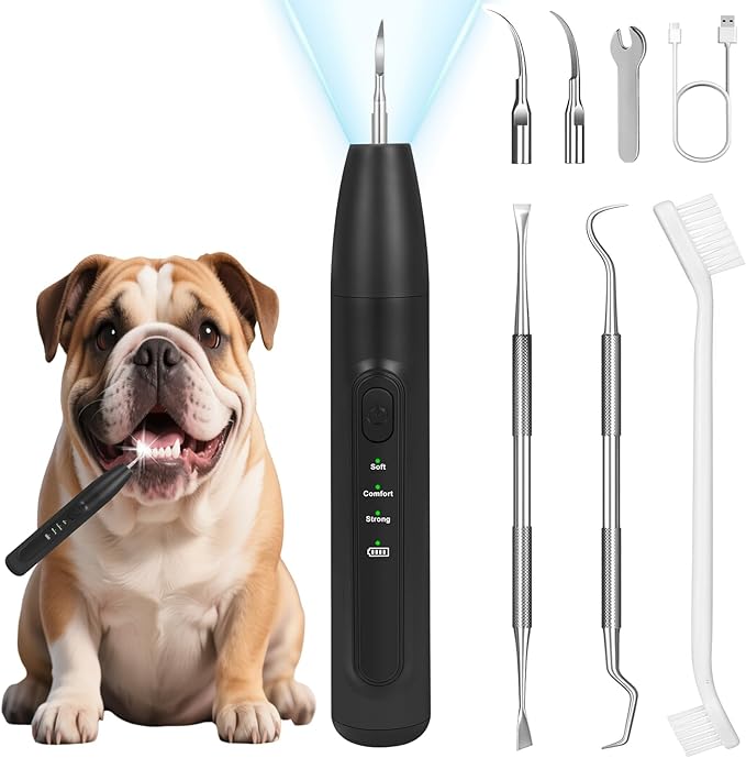 Dog Teeth Cleaning Kit,Dogs Tooth Brushing Kit with Light,3 Modes Doggie Toothbrush, Dog Plaque and Tartar Remover for Teeth,Low Noise Pet Teeth Cleaner,Dark Black