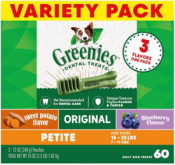 Greenies Veterinarian-Recommended Adult Natural Dental Dog Treats Petite Size, Original Flavor, Sweet Potato Flavor, and Blueberry Flavor, (3) 12 oz. Packs, 60 Count