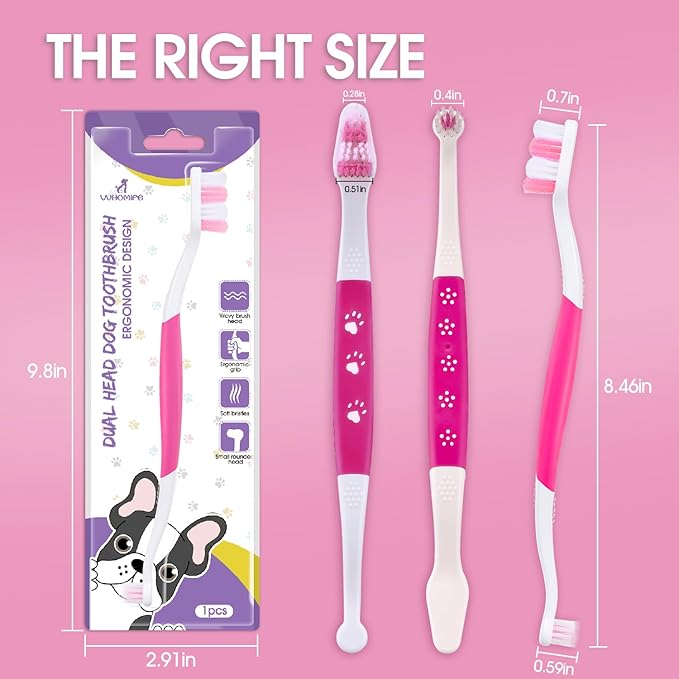 Dog Toothbrush – Newly Upgraded Dual-Head Design with 60° Wavy Bristles – Gently Surrounds Teeth for Deep Cleaning and Plaque Removal – Non-Slip Handle, Ideal for Daily Pet Dental Care (Pink, 1-Pack)